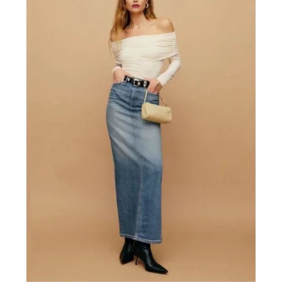 Reformation Daria Denim Maxi Skirt US 29 Blue Ultra High Rise Back Slit Boho - Picture 15 of 15